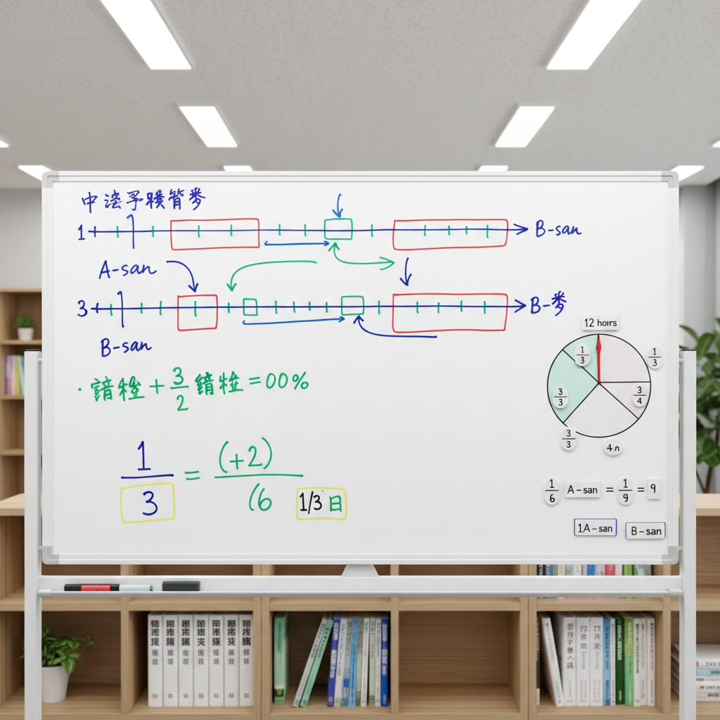 A large whiteboard in a quiet classroom setting, covered with a beautifully organized solution to a classic 中学受験算数 work-rate problem, using colored markers to highlight key logical steps, arrows, and timelines. A magnetic clock diagram and small magnetized fraction tiles are attached to one side, emphasizing the concept of time and efficiency. The whiteboard surface gleams under soft, diffused LED ceiling lights, which create minimal reflections and a clear view of every symbol. Captured from a straight-on, eye-level perspective with sharp focus across the entire board, the surrounding environment shows only a hint of tidy shelves with math and science reference materials, slightly blurred. The mood is focused, intellectual, and methodical, matching a professional, photographic realism with a clean, modern aesthetic.