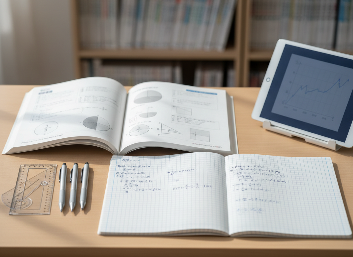 A neatly arranged study desk for junior high entrance exam preparation, featuring an open Japanese math textbook with clear diagrams of fractions and geometric shapes, a squared notebook filled with carefully written solution steps, and sharpened mechanical pencils aligned beside a transparent ruler and protractor. The desk surface is a light wood grain, spotless and orderly, with a closed tablet showing a blurred graph on the side. Soft morning daylight enters from an unseen window, creating gentle highlights on the paper and subtle shadows along the pen lines. Photographed at an eye-level angle with a slight tilt, using shallow depth of field so the central equations are in crisp focus while the background shelves of neatly stacked reference books blur into a calm, professional atmosphere in clean, photographic realism.