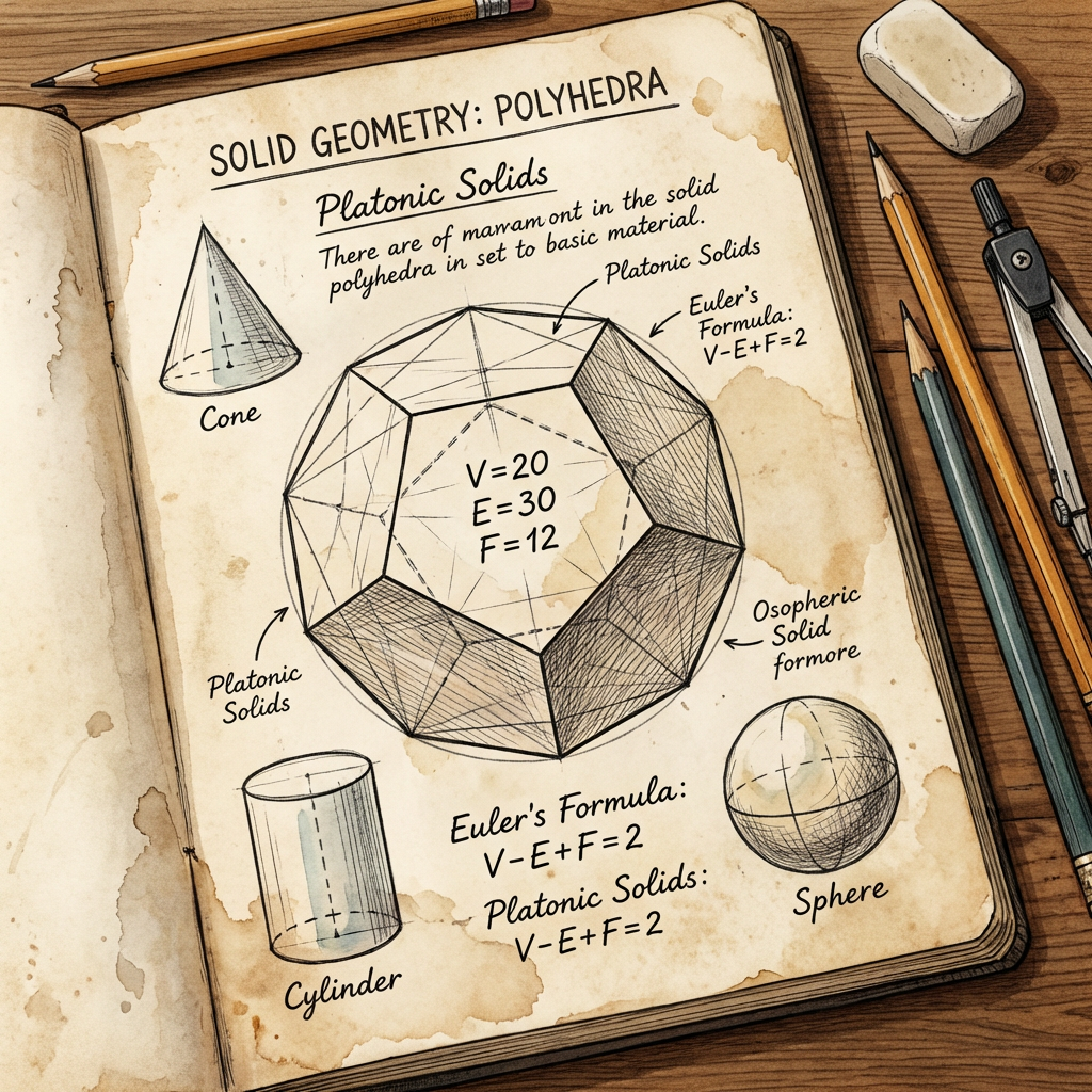 Hand-drawn geometric shapes and Euler's Formula V-E+F=2 in an aged notebook.